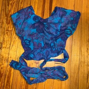 Christian Dior top blue purple floral cotton resort open back sash tie crop 6 M